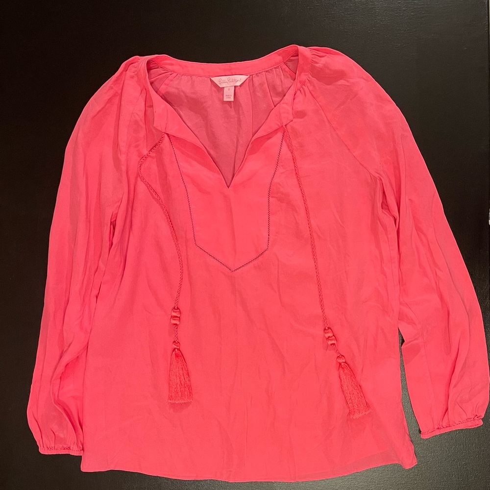 Lilly Pulitzer Bright Coral Pink Tassel V-Neck Blouse